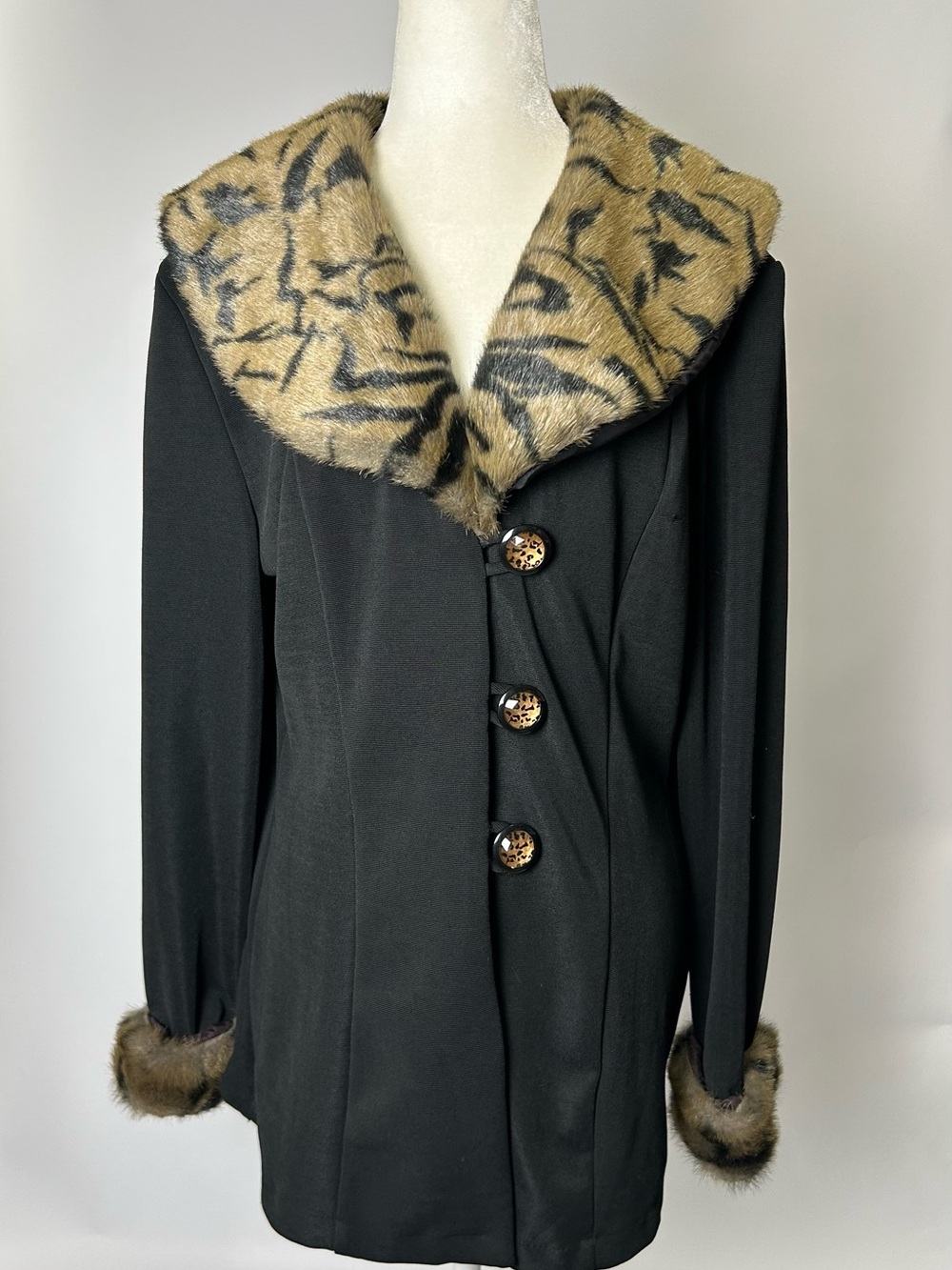 Stella Black Pea Coat with Faux Fur Leopard-Print Trim